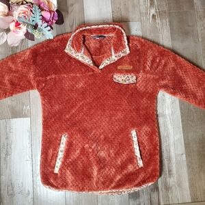 Simply Southern Cozy Burnt Orange Women's Pullover with Patterned Trim EUC